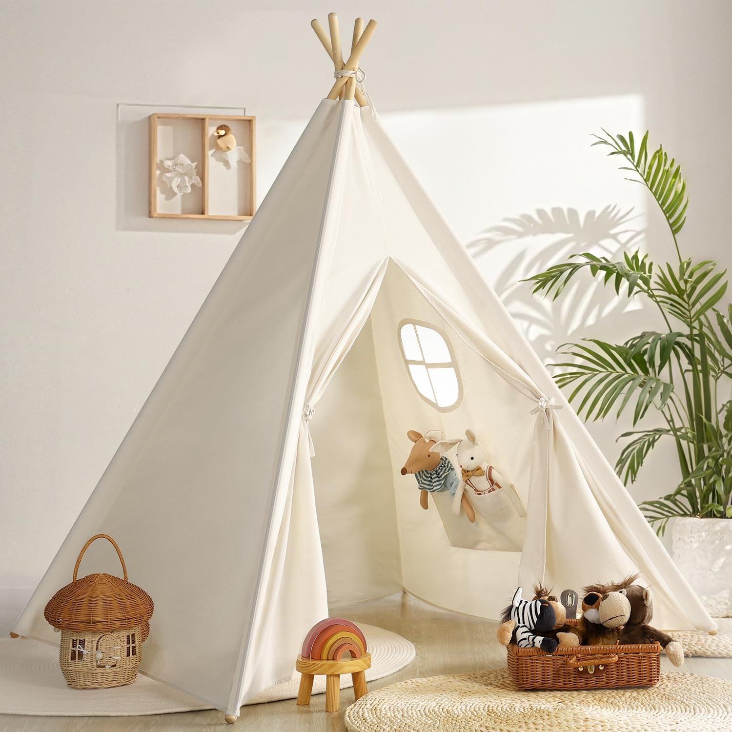 Teepee Tent for Kids Indoor - Natural Canvas Kids Play Tent - Washable Tipi Sleepover Tents with Lights & Carry Bag, Outdoor Toddler Tents for Girls & Boys - Foldable Playroom Gift Toys